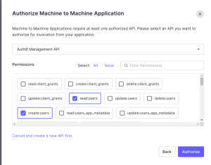 select the Api and give the permission to create and read user